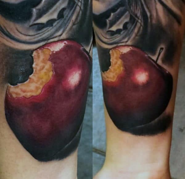 Apple With Bite Taken Out Of It Mens Forearm Tattoos