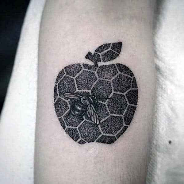 Apple With Honeycomb Pattern Design Mens Small Bee Arm Tattoos