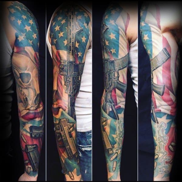 Full-sleeve tattoo featuring an AR-15, American flag, skull, and patriotic elements in bold colors, symbolizing freedom, strength, and resilience.