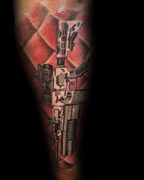 Realistic AR-15 tattoo with a camo design, featuring intricate details and a bold background, symbolizing tactical precision and strength.