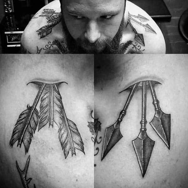 Archery Arrows Through Shoulders Tattoo For Men In Black Ink