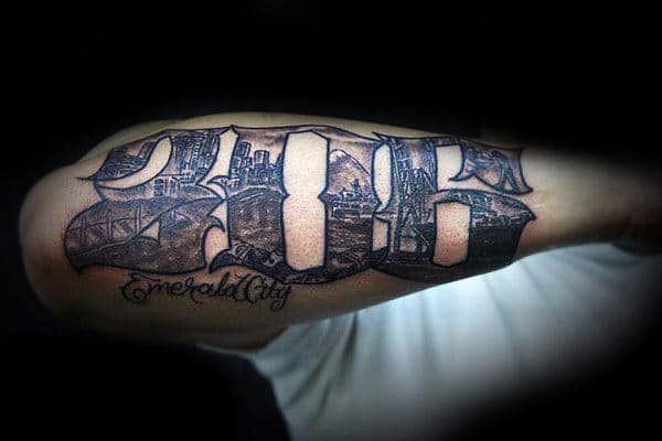 Area Code Seattle Skyline 306 Mens Outer Forearm Tattoo