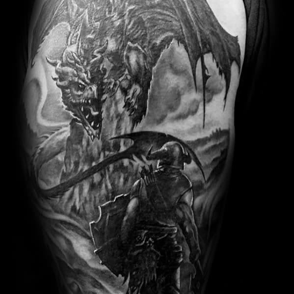 Skyrim-inspired black and white tattoo of a warrior facing a dragon