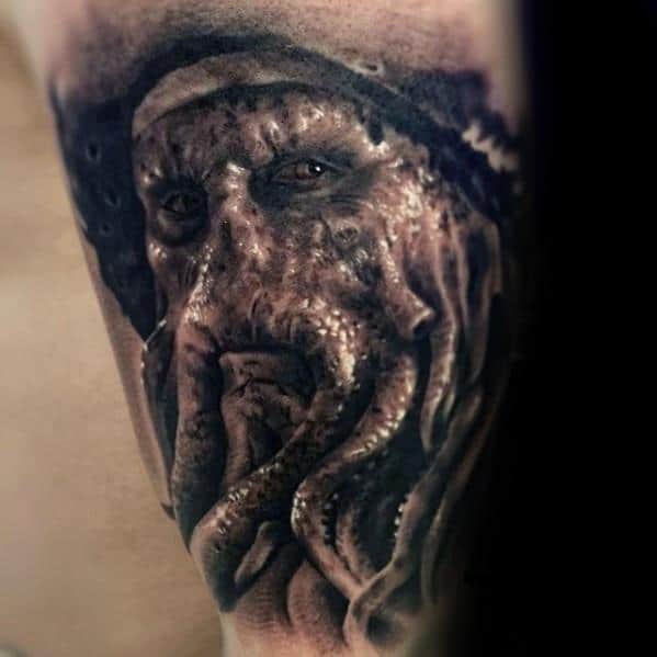 Intricate Davy Jones octopus tattoo, featuring detailed tentacles and a rugged texture