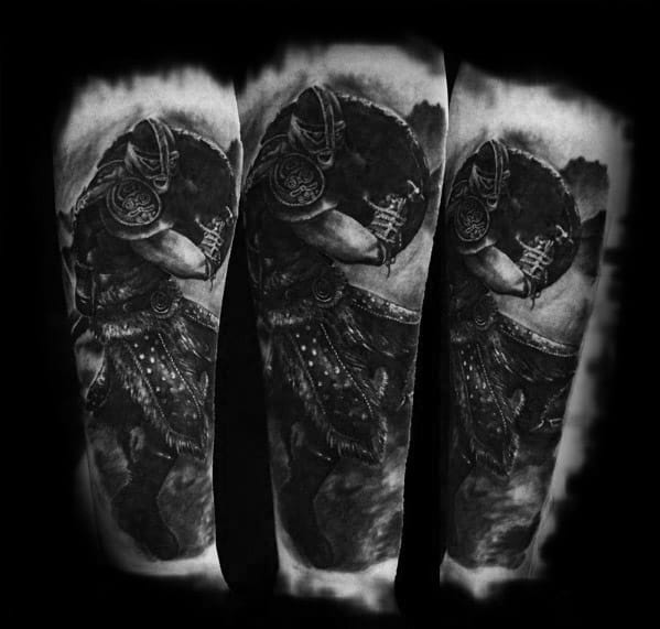 Skyrim-inspired tattoo of a warrior with shield and sword
