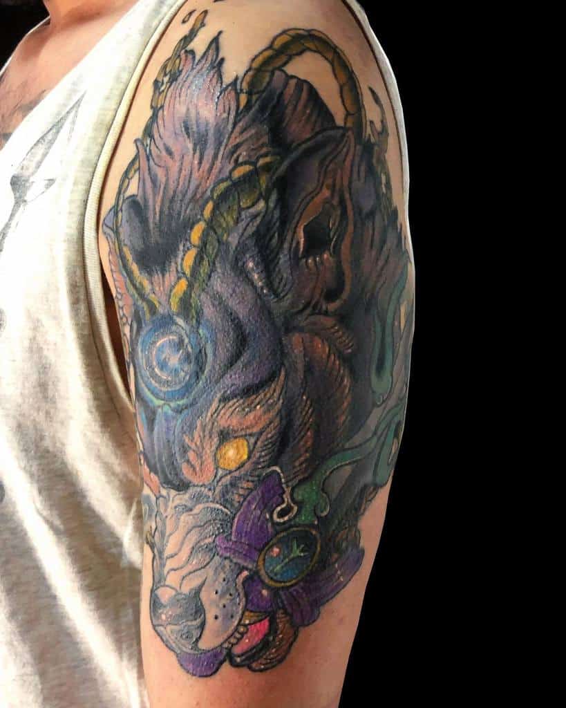 Detailed Norse wolf tattoo featuring vibrant colors, intricate braids, and mystical symbols, embodying power and mythology