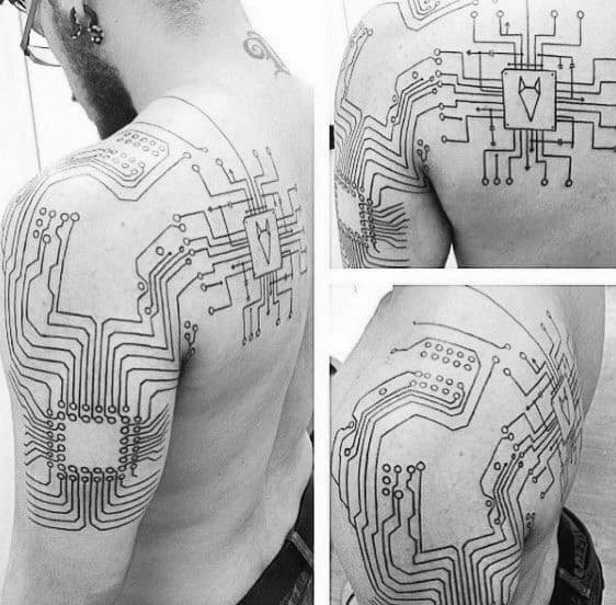 Black linework tattoo covering the shoulder and upper arm, designed like a computer circuit board with microchip patterns.