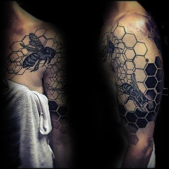Arm And Chest Male Bee Honeycomb Pattern Tattoos