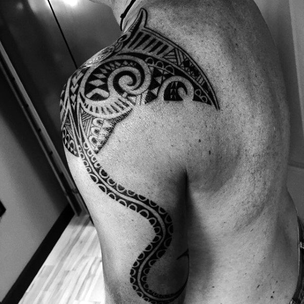 Arm And Shoulder Tribal Manta Ray Tattoo Ideas On Guys
