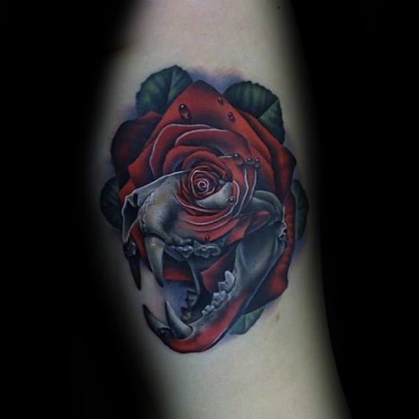 Arm Animal Skull With Red Rose Flower Manly Morph Tattoo Design Ideas For Men