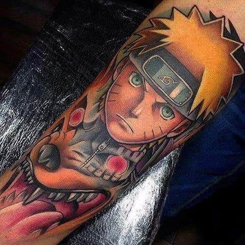 Anime-inspired tattoo of Naruto with spiky blond hair on someone's arm, featuring a fox-like creature