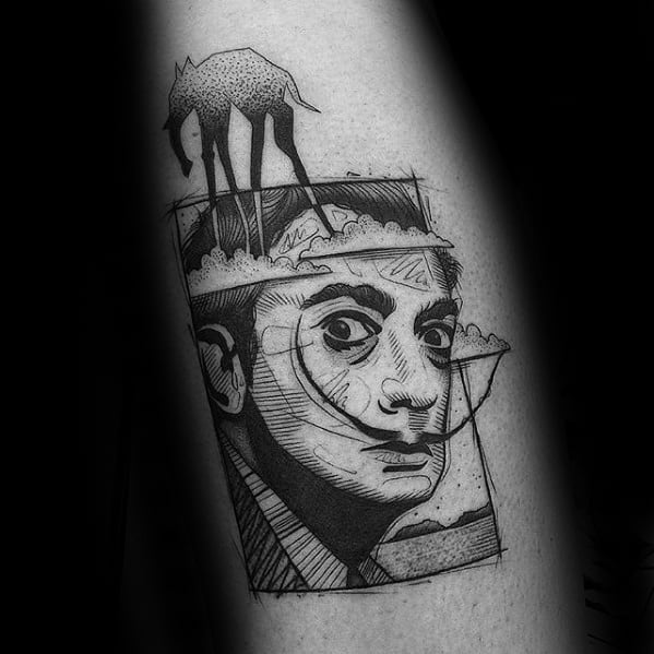 A surreal tattoo inspired by Salvador Dalí, featuring his iconic mustache and a dreamlike depiction of a long-legged elephant on clouds