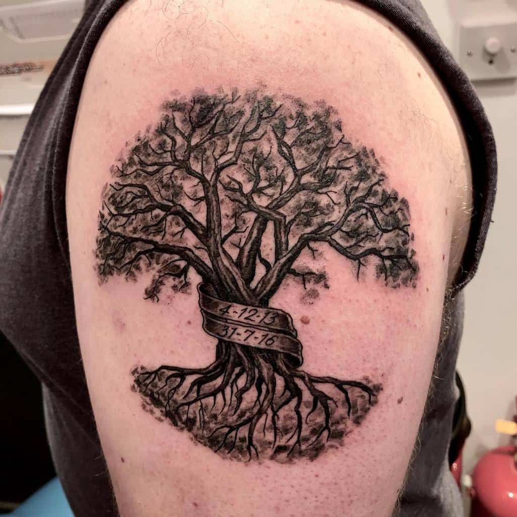 Tree of life tattoo with roots and branches, featuring a ribbon wrapped around the trunk displaying meaningful dates