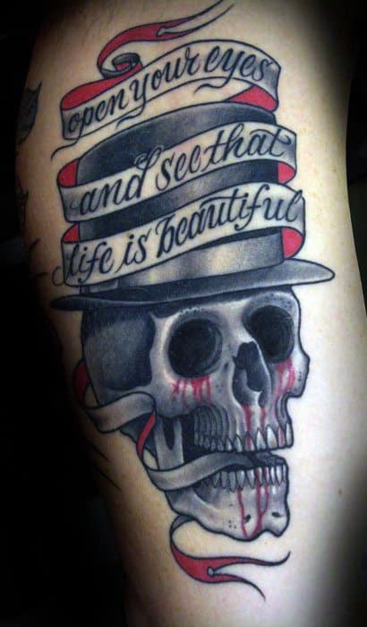 Arm Banner With Quote And Top Hat Guys Tattoos