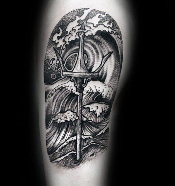 Arm Black And Grey Ink Mens Trident Tattoo Design Ideas