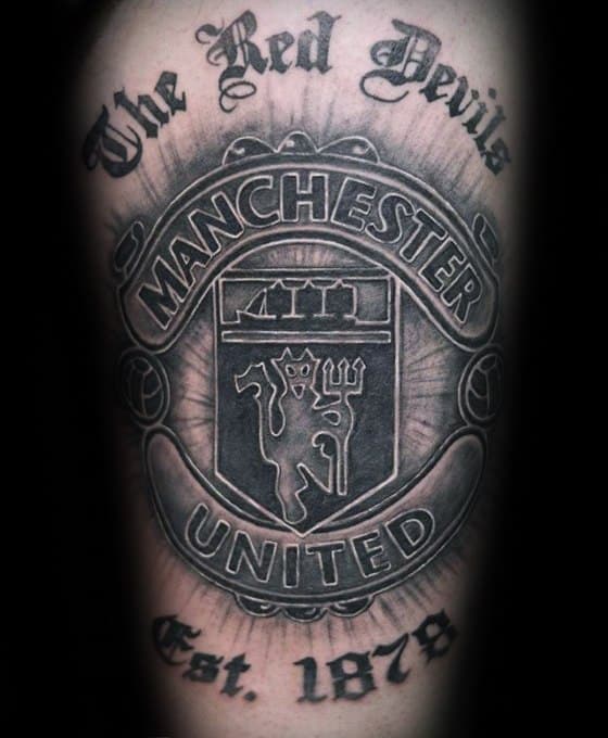 Arm Black And Grey Shaded Manchester United Guys Tattoo Ideas
