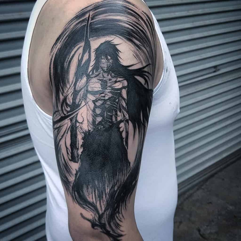 Black and grey tattoo of Ichigo Kurosaki in his final Hollow form from Bleach, featuring intense shading and swirling energy
