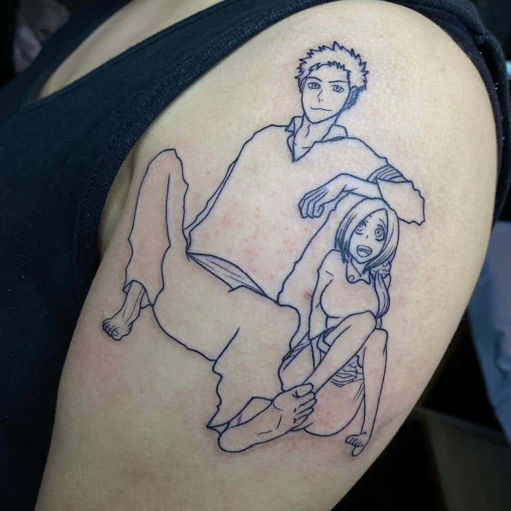 Minimalist linework tattoo of Ichigo Kurosaki and Orihime Inoue from Bleach, featuring a relaxed pose