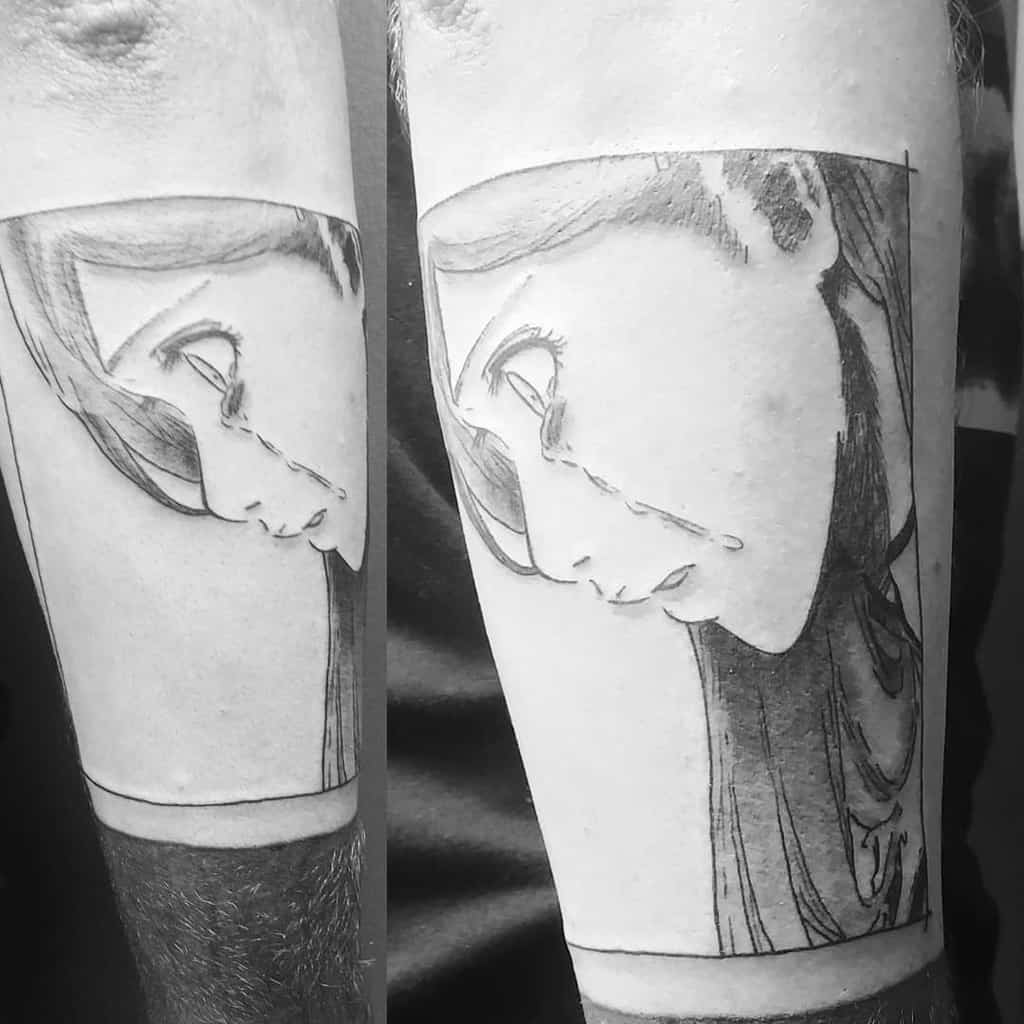 Black and grey manga panel tattoo of Orihime Inoue from Bleach, showing a close-up of her face with a tear rolling down her cheek