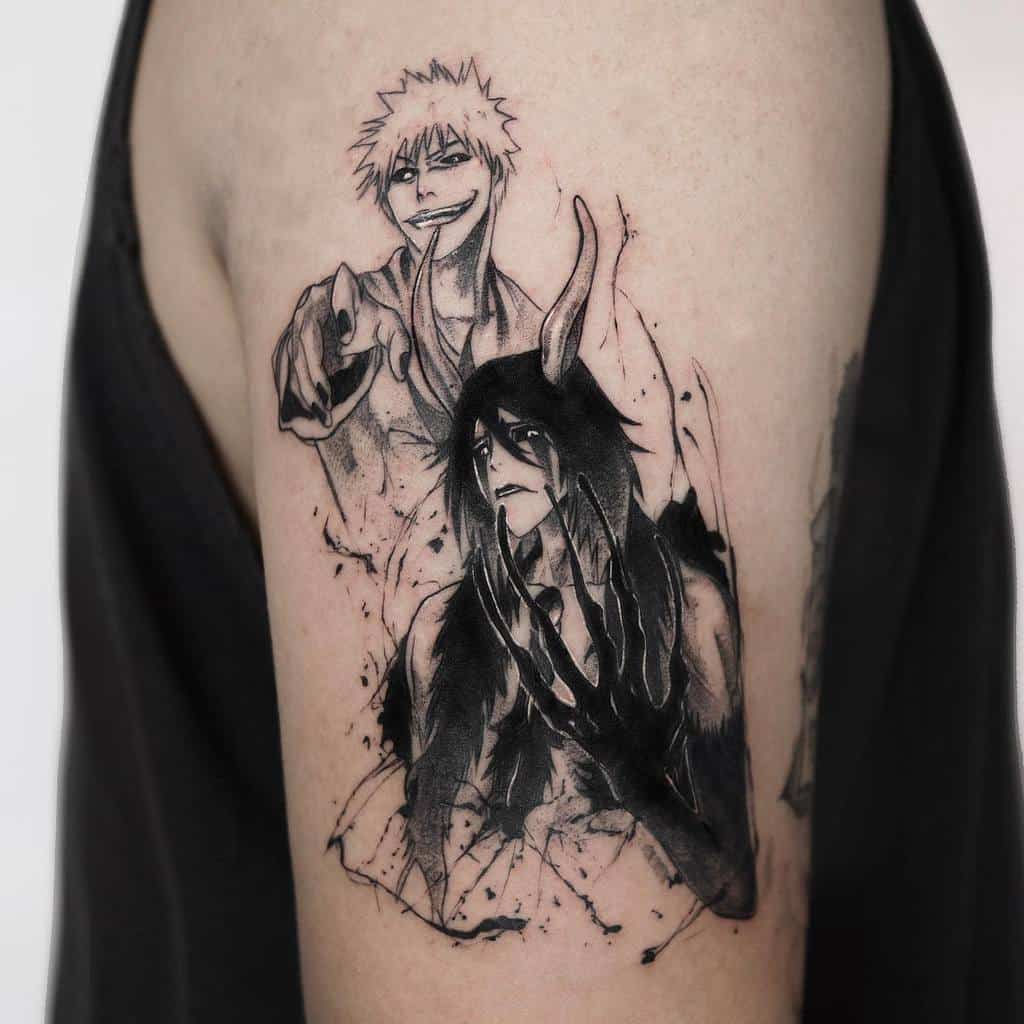Black and grey tattoo of Ichigo Kurosaki and Ulquiorra Cifer from Bleach, featuring intense shading and a dramatic composition 