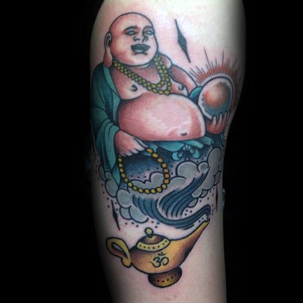 Colorful tattoo of a genie emerging from a lamp, holding a glowing orb, with clouds and spiritual elements