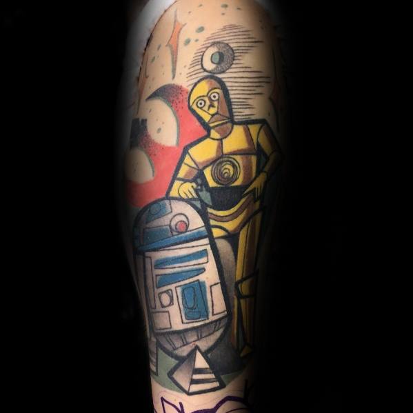Stylized C-3PO and R2-D2 tattoo with bold colors and geometric shapes, featuring a Rebel Alliance symbol for a unique Star Wars tribute.