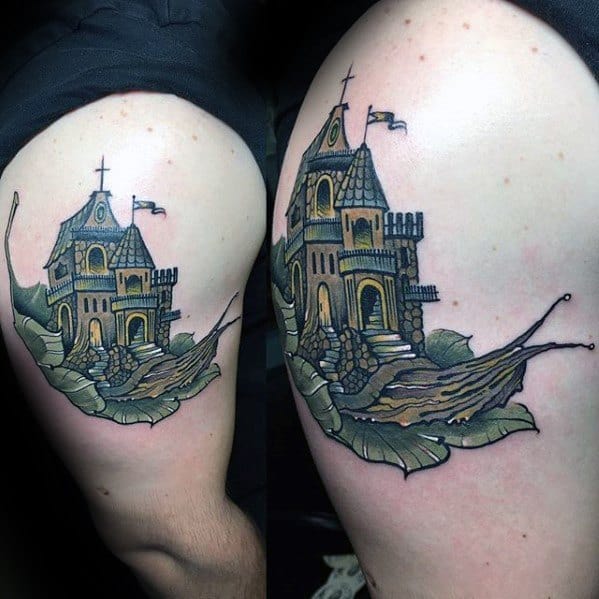 Arm Castle Snail Mens Tattoo Ideas