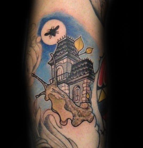 Arm Castle Tower Snail Tattoo On Men