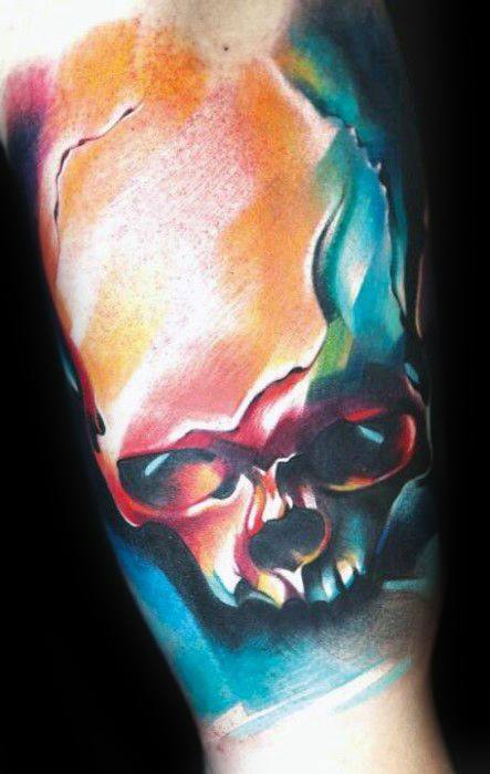 Arm Colorful Male Cool Watercolor Skull Tattoo Ideas