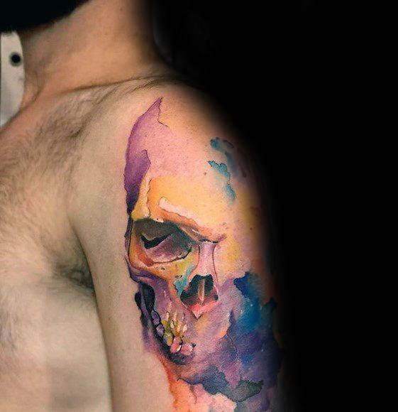 Arm Cool Male Watercolor Skull Tattoo Designs