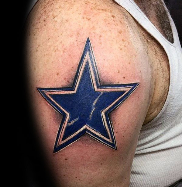Bold blue star tattoo on upper arm with layered 3D outline and subtle texture, giving it a sharp, clean, and defined appearance.
