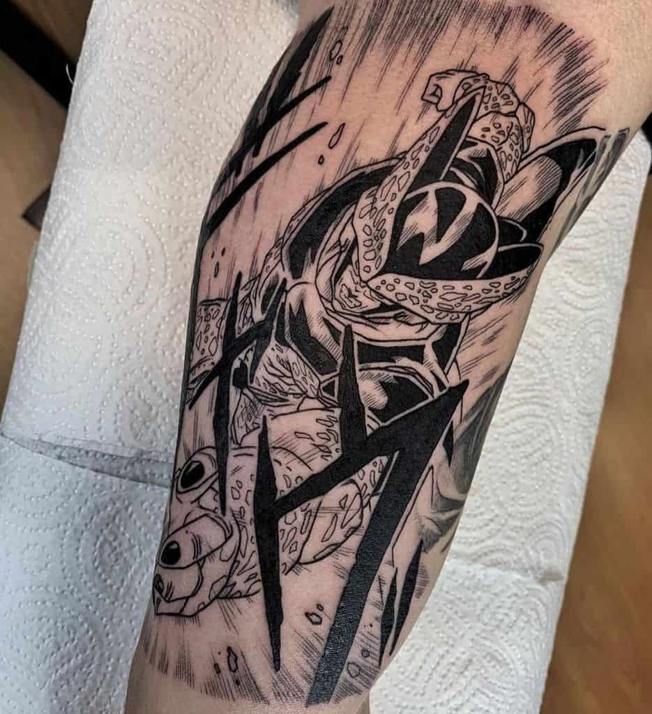 A black and white tattoo of Cell from Dragon Ball, mid-action, with dynamic motion lines and intense energy surrounding him.