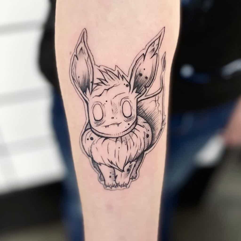 Dark and eerie Eevee tattoo with hollow eyes and sketch-style shading, giving it a haunting and unique look