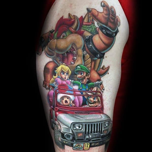 Vibrant Bowser tattoo featuring Princess Peach, Luigi, and Toad in a jeep, with dramatic shading and a dynamic action-packed scene.