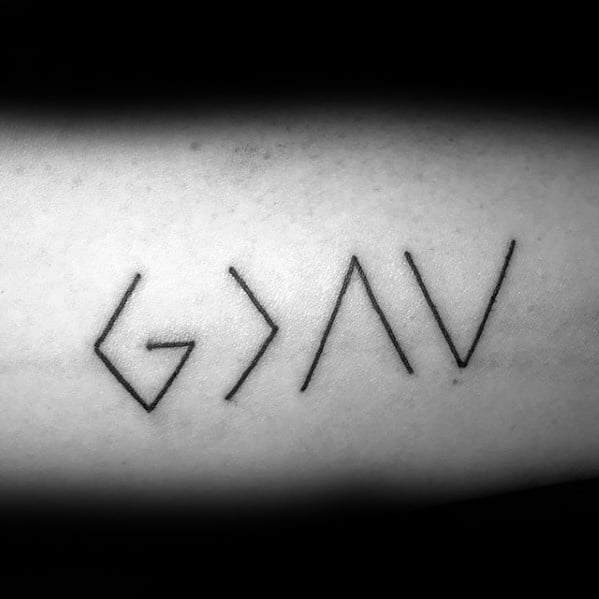Minimalist tattoo design of "God is greater than the highs and lows" symbol in sleek black linework style
