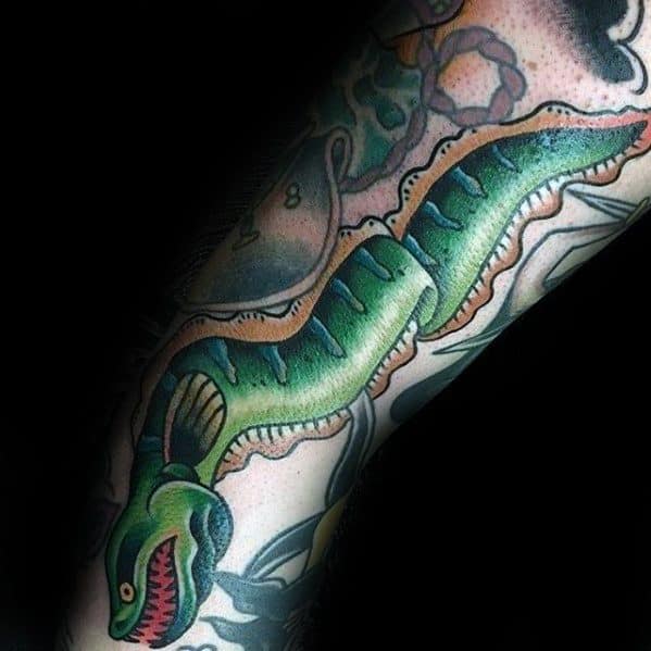 Arm Green Moving Eel Tattoos For Gentlemen