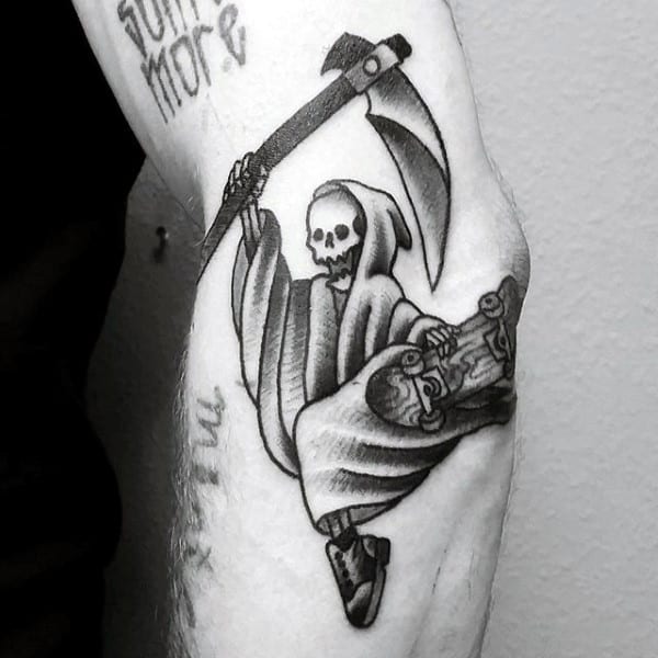 Arm Guys Grim Reaper Skateboarding Tattoo Design Ideas
