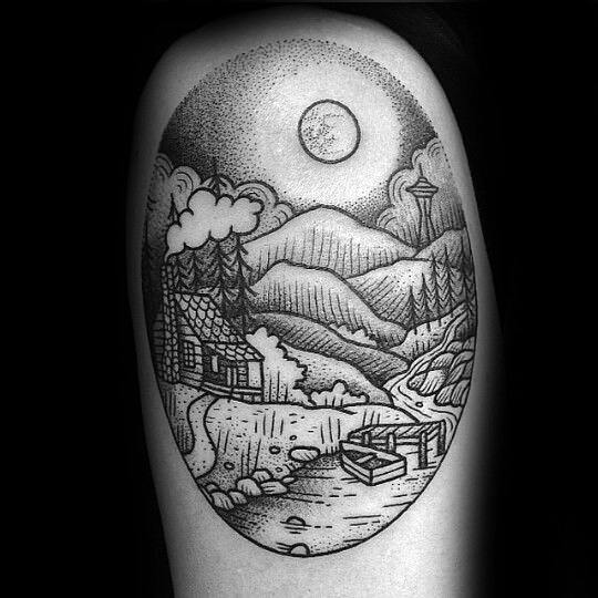 Blackwork lake tattoo with a cabin, stacked logs, moonlit sky, and distant mountains in a clean dotwork illustration style.