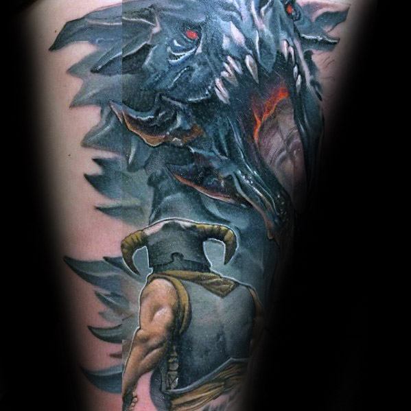 Tattoo of a Skyrim warrior facing a dragon with jagged wings and glowing red eyes