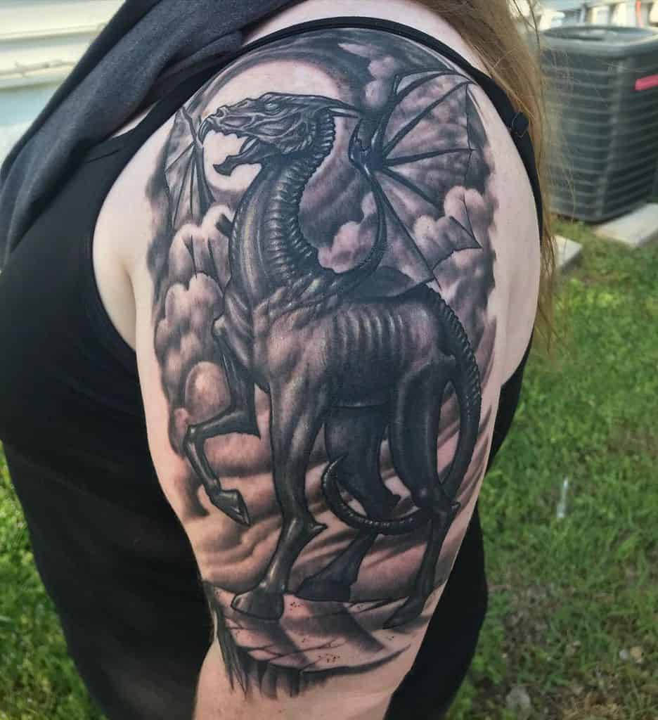 Dark and detailed Thestral tattoo from Harry Potter, featuring the skeletal-winged creature in a misty, moonlit scene