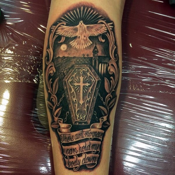 Arm Holy Cross Coffin Guys Tattoo Design With Scroll