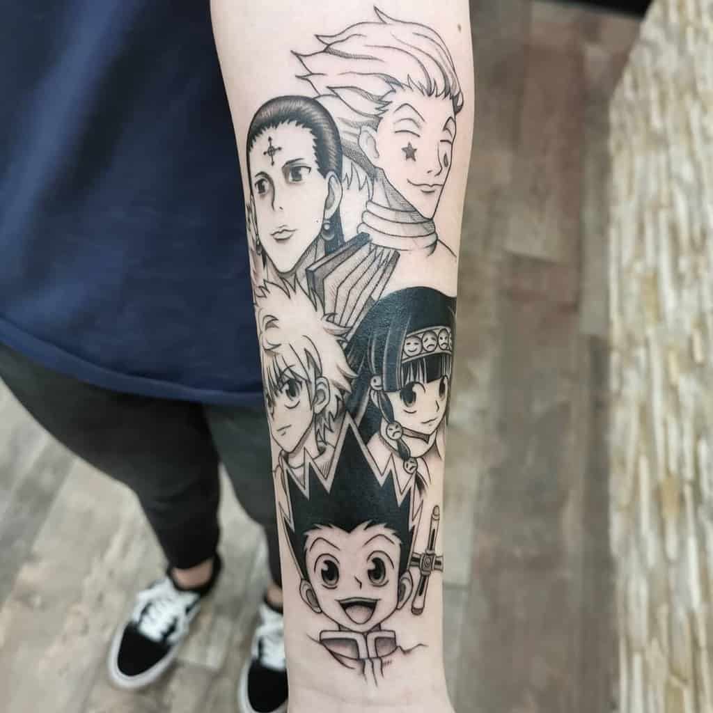 Black-ink forearm tattoo featuring iconic Hunter x Hunter characters Gon, Killua, Alluka, Hisoka, and Chrollo in a detailed collage
