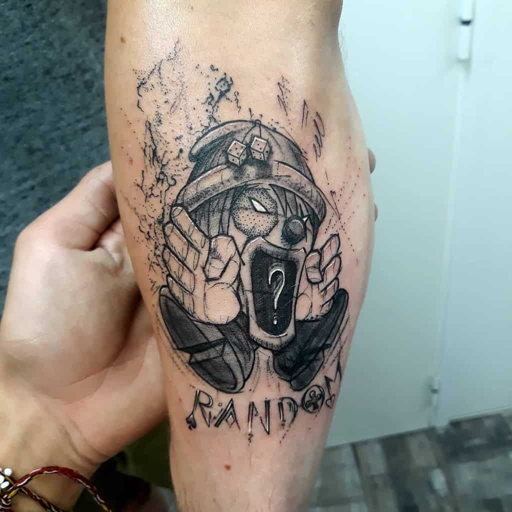 Intricate black-and-grey tattoo of Hunter x Hunter's Kortopi with a question-mark shield, showcasing a textured and artistic design