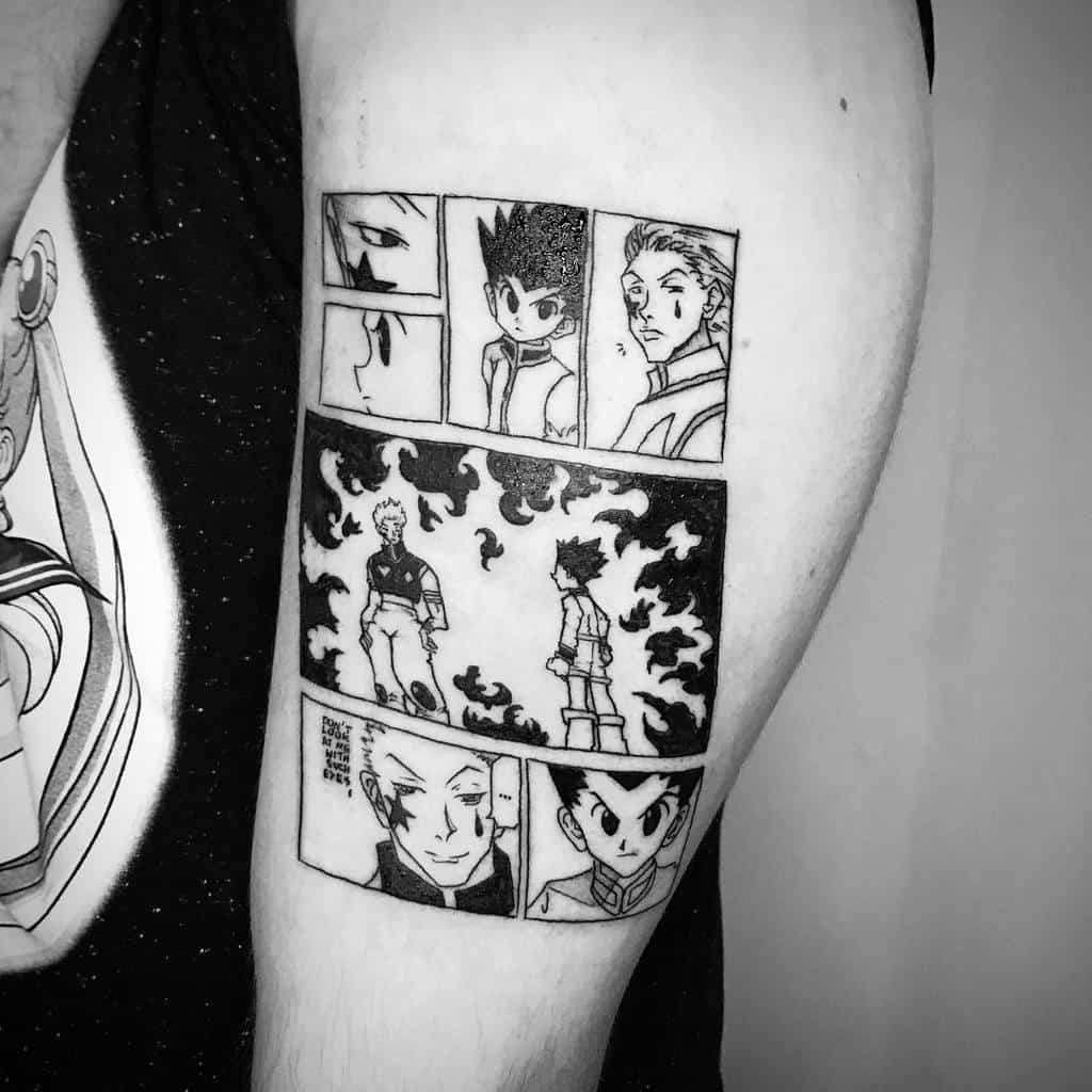 Detailed manga-style tattoo featuring panels from Hunter x Hunter, highlighting Gon, Hisoka, and iconic moments with bold linework