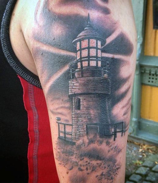 Arm Lighthouse Tattoo Ideas For Men In Black Ink