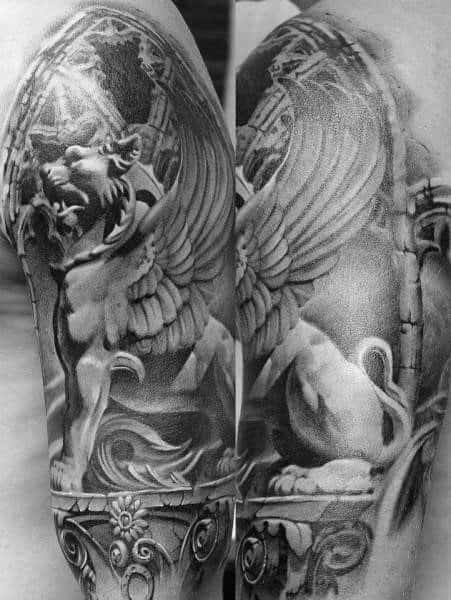 Arm Lion Statue Tattoo Designs For Guys