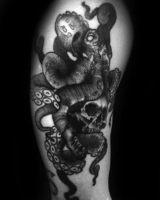 Black and grey octopus wrapping around a skull, with intricate details in the tentacles and shading, creating a dark, dramatic effect.
