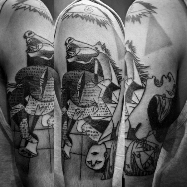 Upper arm tattoo of a dramatic section from Picasso’s *Guernica*, highlighting the distressed horse and fragmented human figures.
