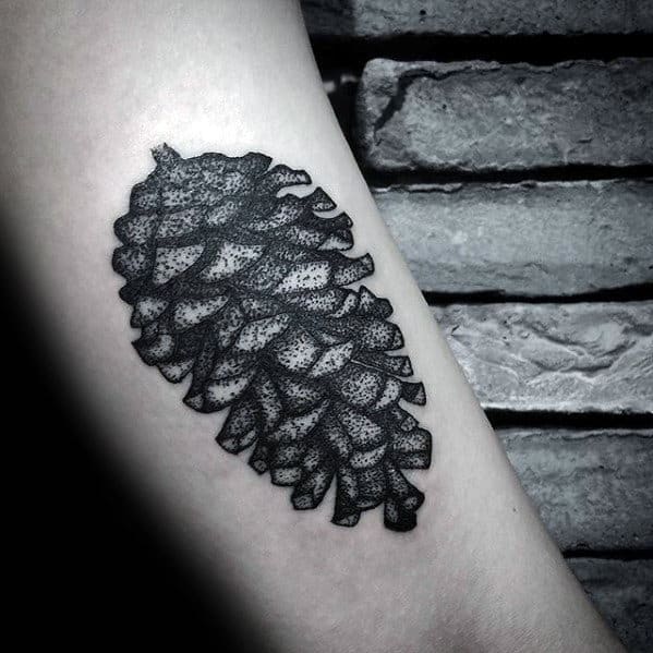 Arm Male Pine Cone Dotwork Black Ink Tattoos
