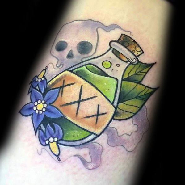 Arm Male Poison Bottle Tattoo Design Inspiration